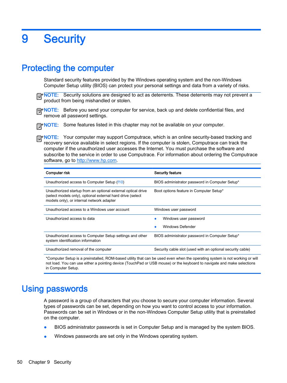 Security, Protecting the computer, Using passwords | 9 security, 9security | HP 350 G1 Notebook PC User Manual | Page 60 / 90