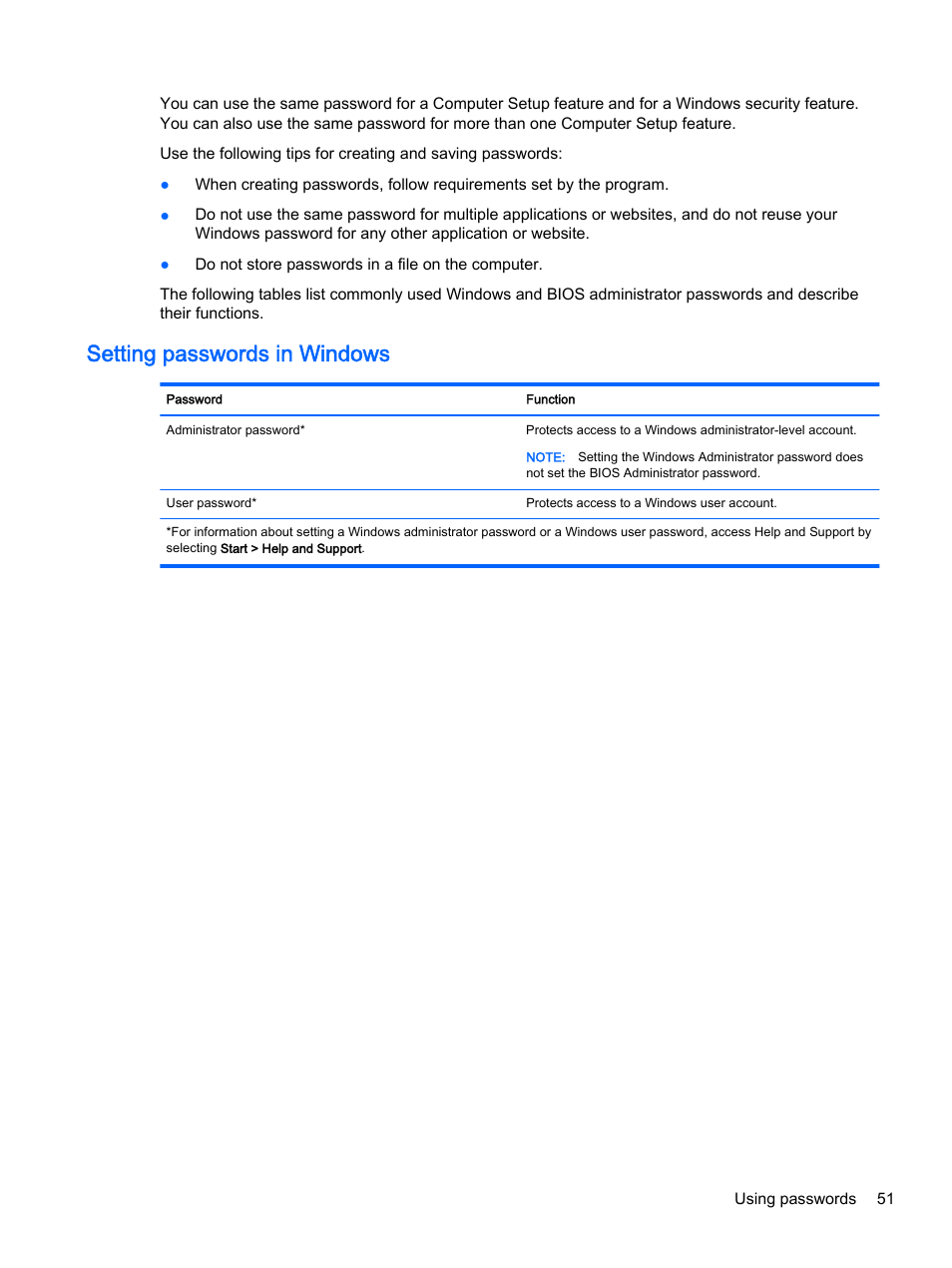 Setting passwords in windows | HP 350 G1 Notebook PC User Manual | Page 61 / 90