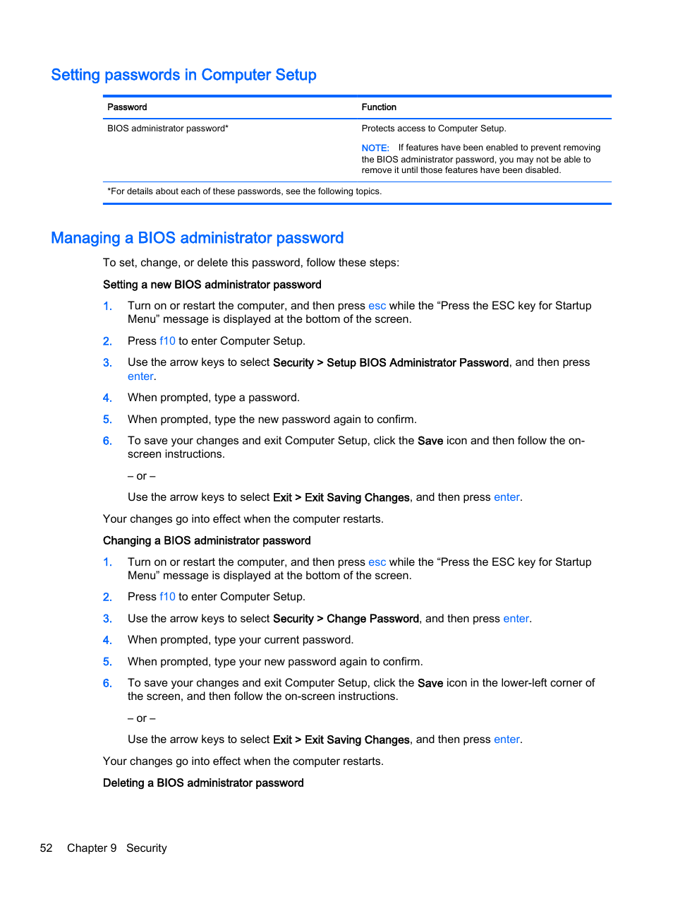 Setting passwords in computer setup, Managing a bios administrator password | HP 350 G1 Notebook PC User Manual | Page 62 / 90