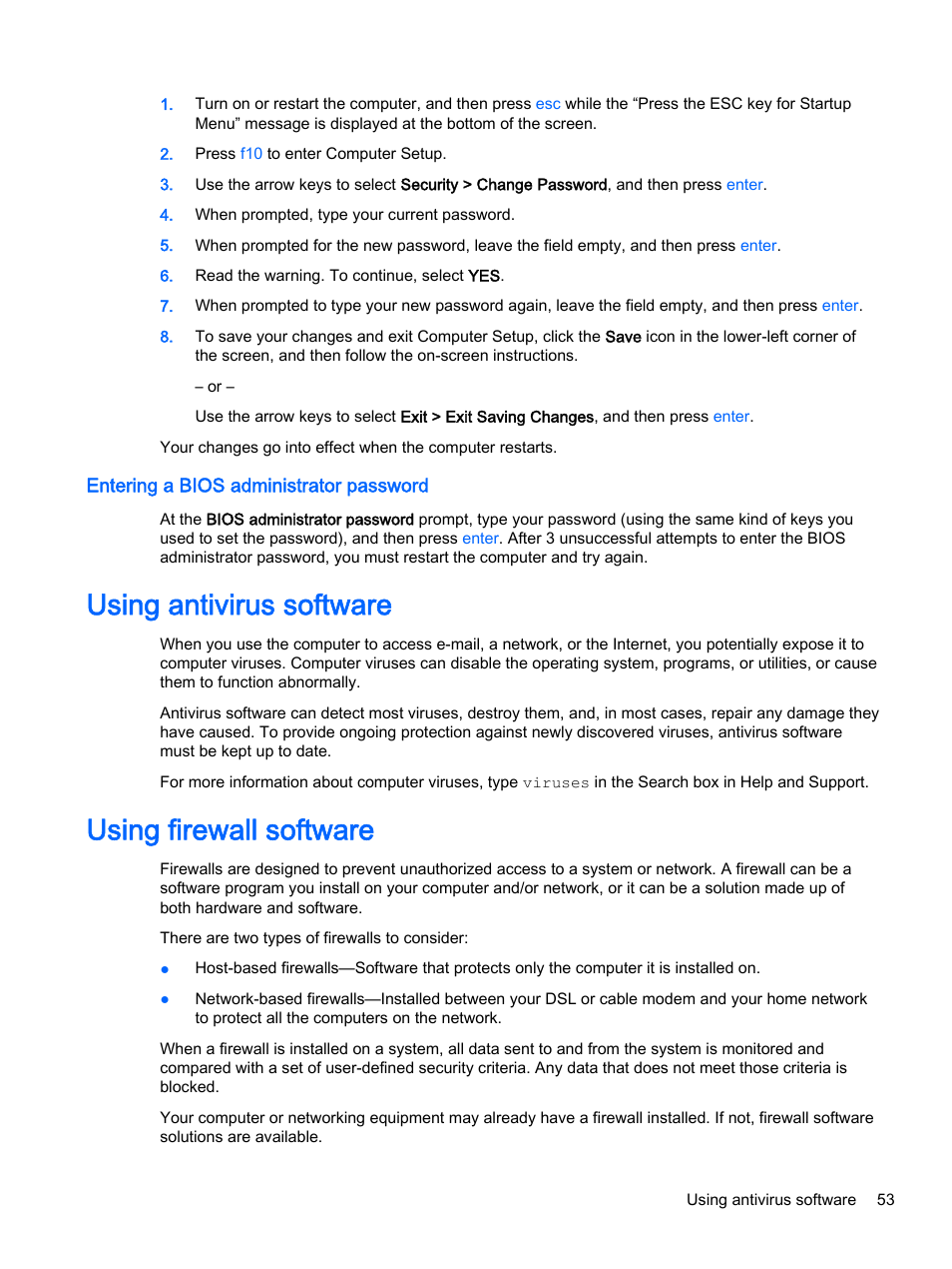 Entering a bios administrator password, Using antivirus software, Using firewall software | Using antivirus software using firewall software | HP 350 G1 Notebook PC User Manual | Page 63 / 90