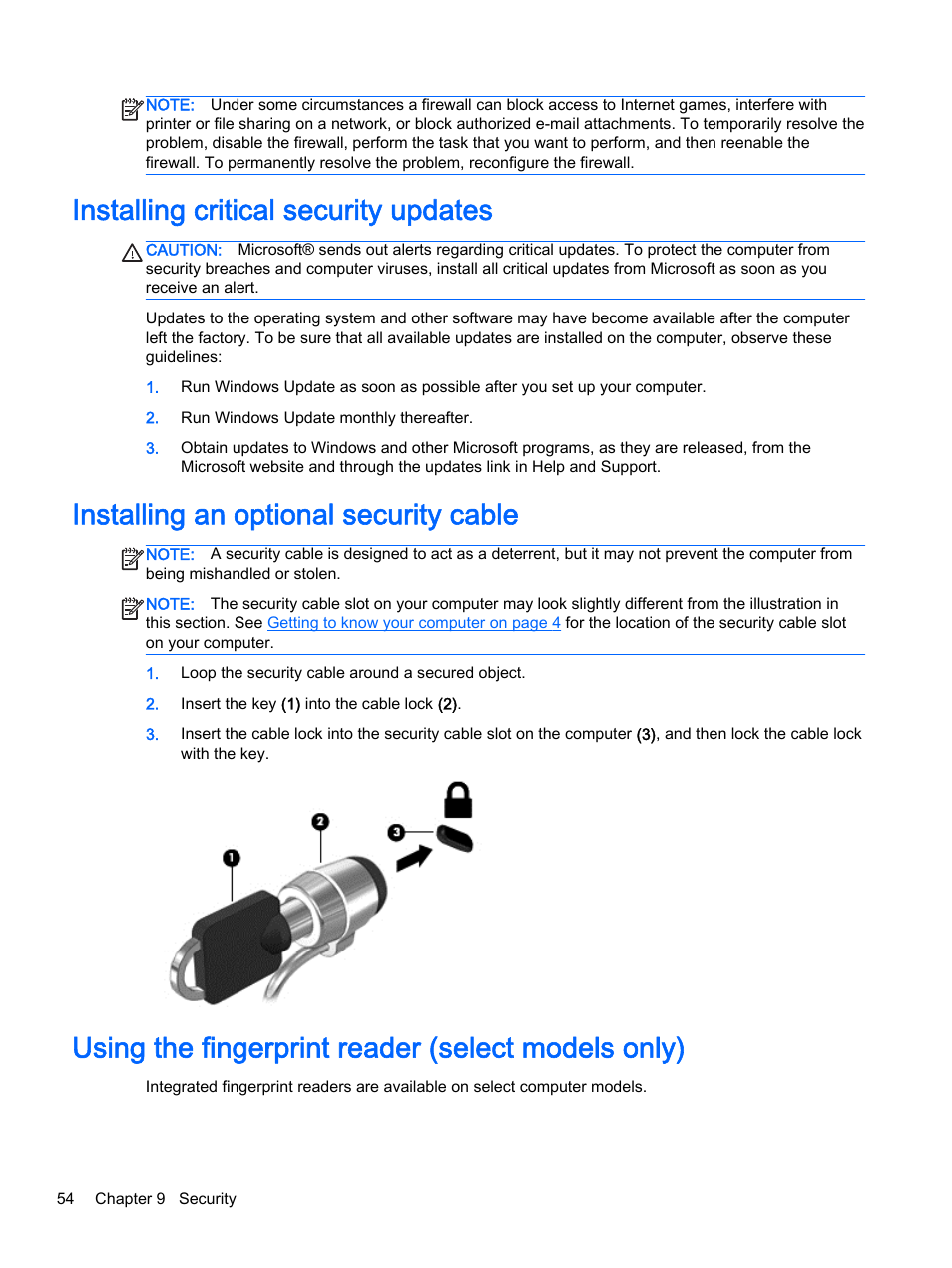 Installing critical security updates, Installing an optional security cable, Using the fingerprint reader (select models only) | HP 350 G1 Notebook PC User Manual | Page 64 / 90