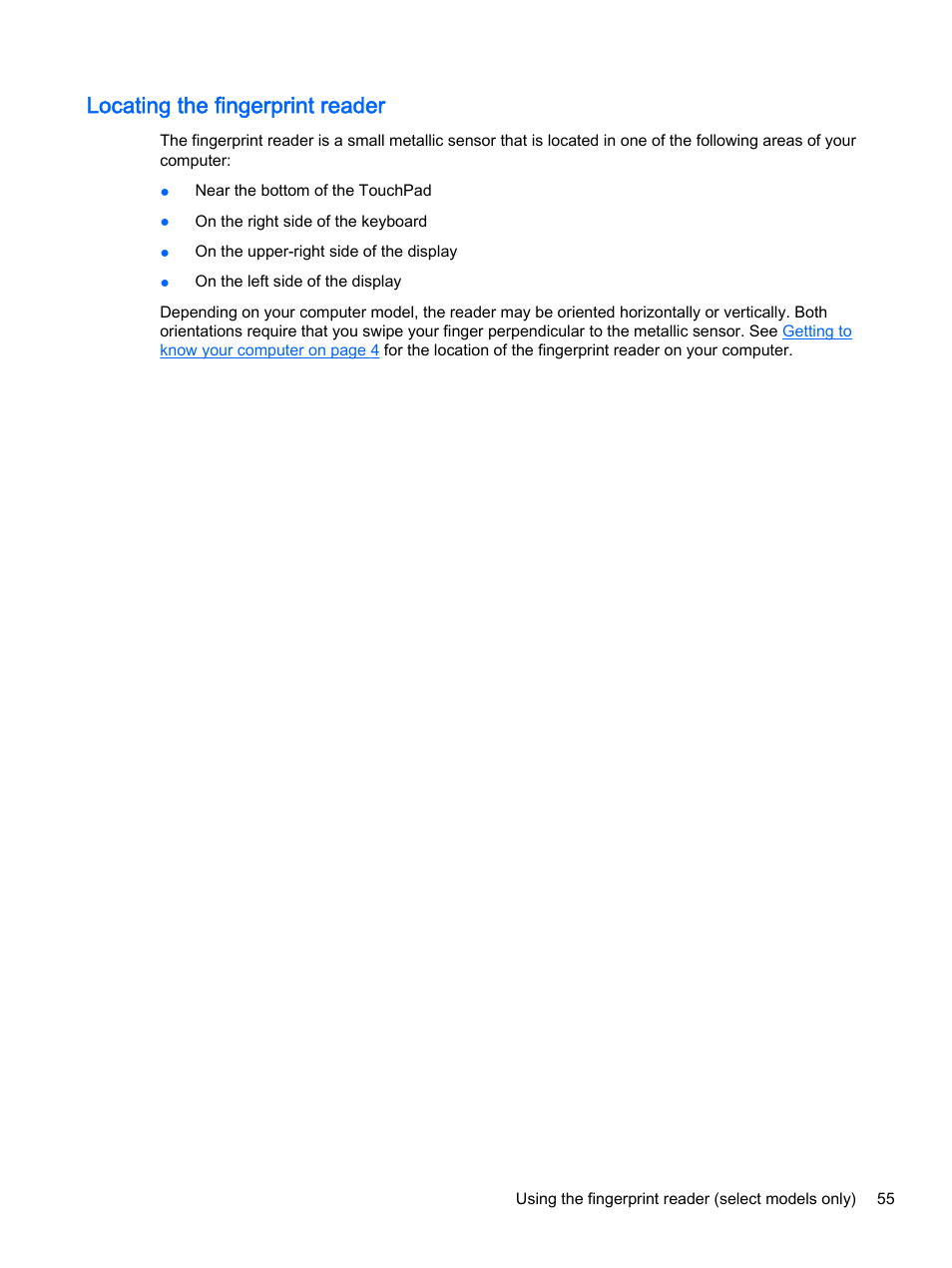 Locating the fingerprint reader | HP 350 G1 Notebook PC User Manual | Page 65 / 90