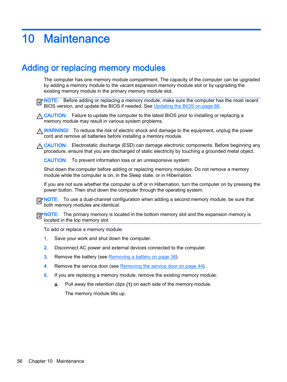 Maintenance, Adding or replacing memory modules, 10 maintenance | HP 350 G1 Notebook PC User Manual | Page 66 / 90