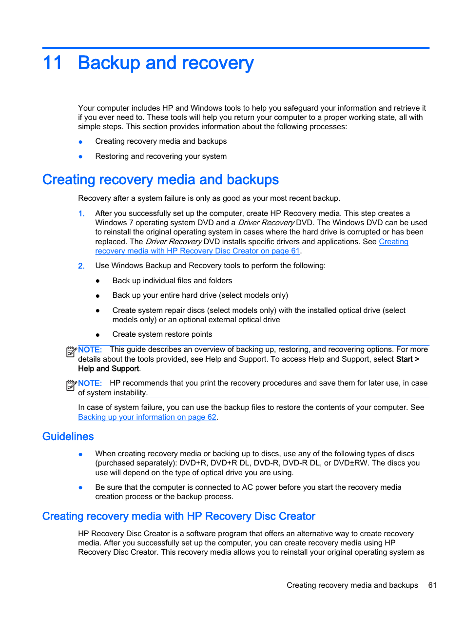 Backup and recovery, Creating recovery media and backups, Guidelines | 11 backup and recovery, Backup and | HP 350 G1 Notebook PC User Manual | Page 71 / 90
