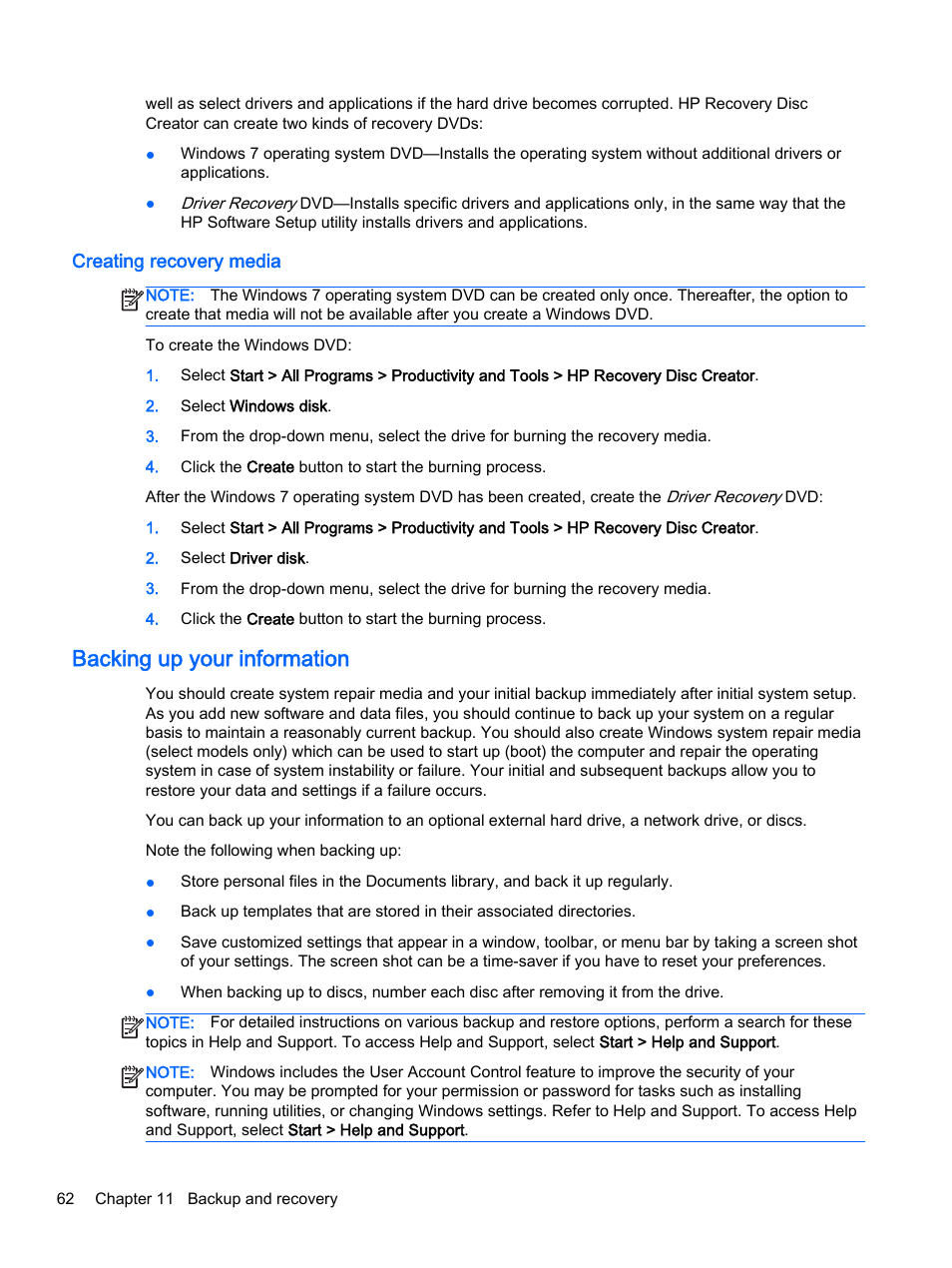 Creating recovery media, Backing up your information | HP 350 G1 Notebook PC User Manual | Page 72 / 90