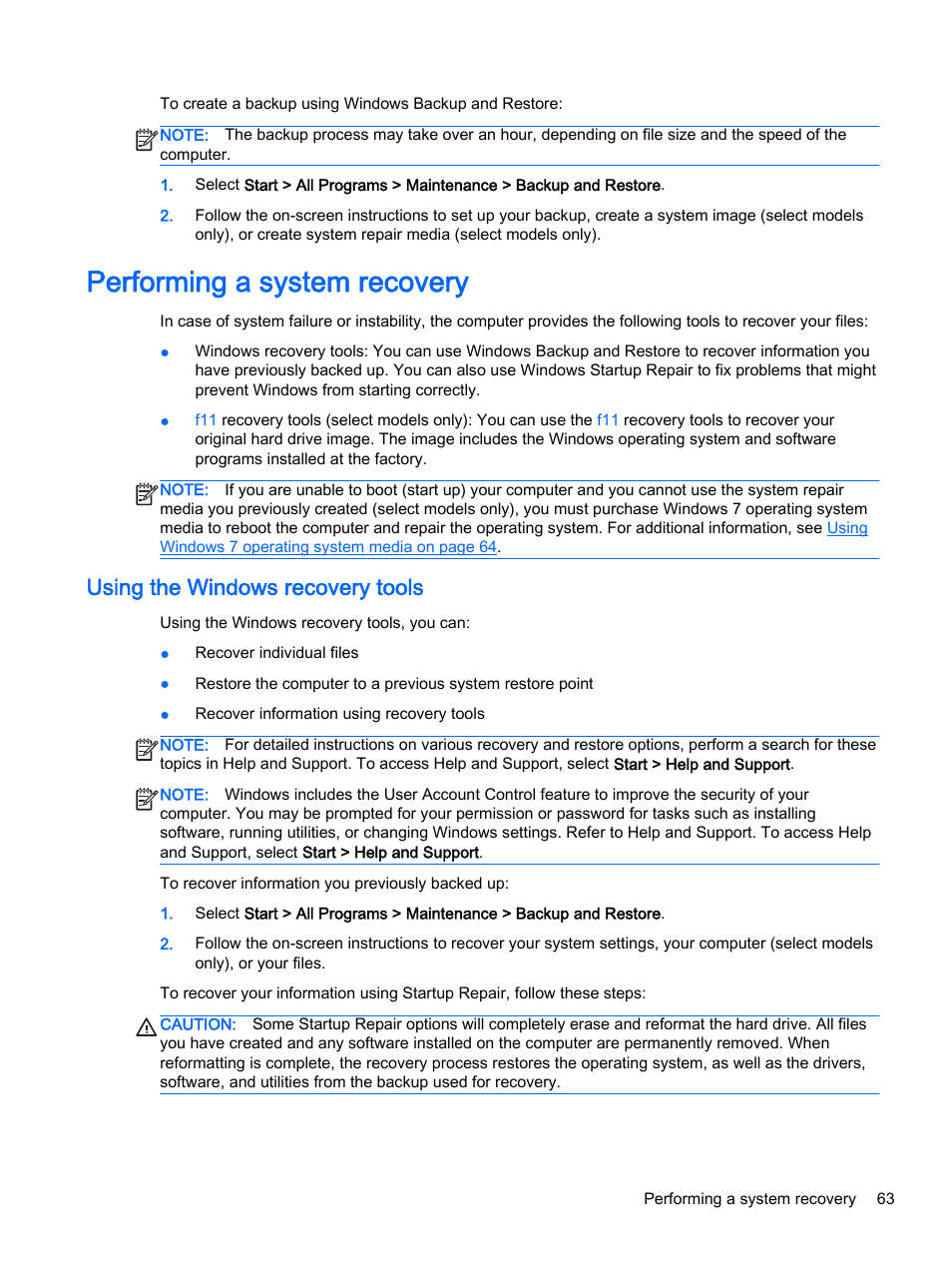 Performing a system recovery, Using the windows recovery tools | HP 350 G1 Notebook PC User Manual | Page 73 / 90