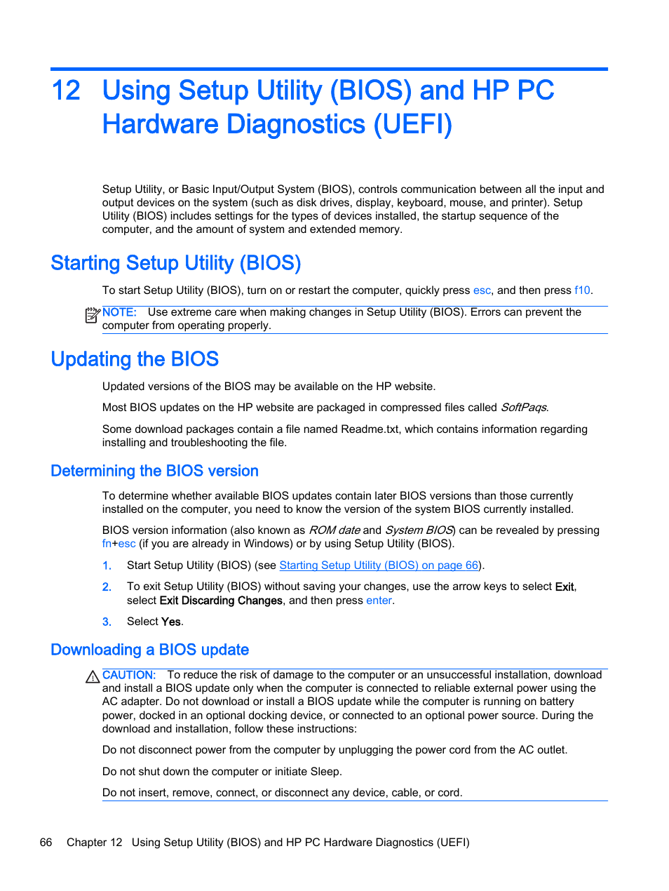 Starting setup utility (bios), Updating the bios, Determining the bios version | Downloading a bios update, Starting setup utility (bios) updating the bios | HP 350 G1 Notebook PC User Manual | Page 76 / 90