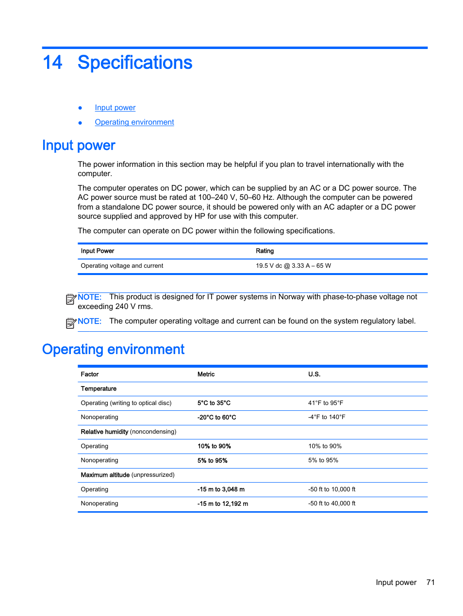 Specifications, Input power, Operating environment | 14 specifications, Input power operating environment | HP 350 G1 Notebook PC User Manual | Page 81 / 90