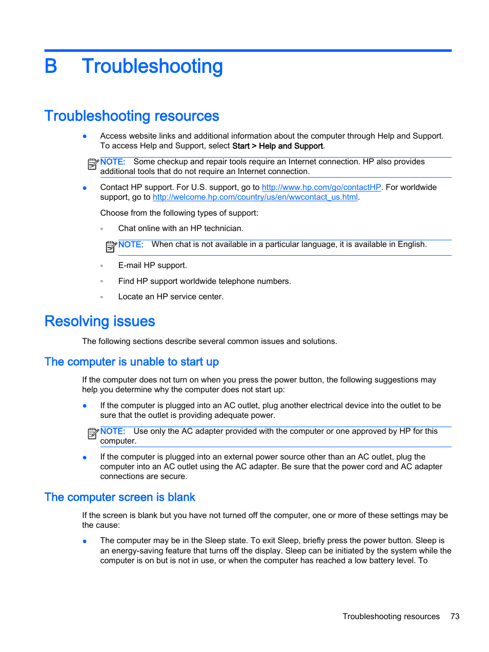 Troubleshooting, Troubleshooting resources, Resolving issues | The computer is unable to start up, The computer screen is blank, Appendix b troubleshooting, Troubleshooting resources resolving issues, B troubleshooting | HP 350 G1 Notebook PC User Manual | Page 83 / 90