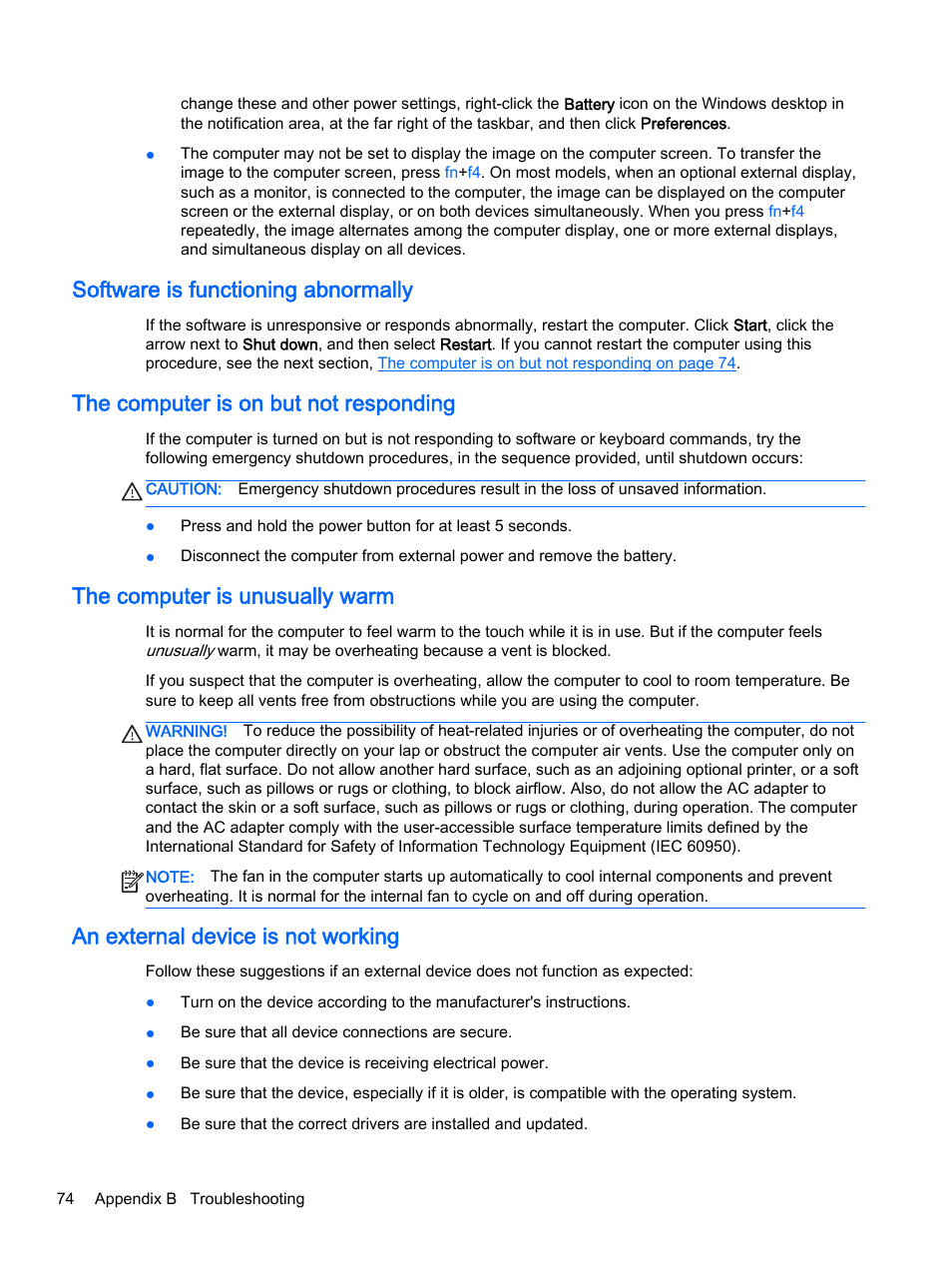 Software is functioning abnormally, The computer is on but not responding, The computer is unusually warm | An external device is not working | HP 350 G1 Notebook PC User Manual | Page 84 / 90