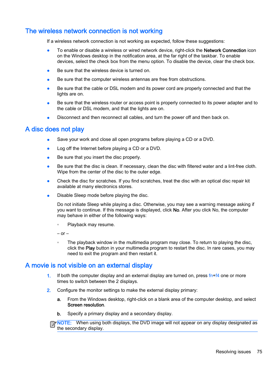 The wireless network connection is not working, A disc does not play, A movie is not visible on an external display | HP 350 G1 Notebook PC User Manual | Page 85 / 90