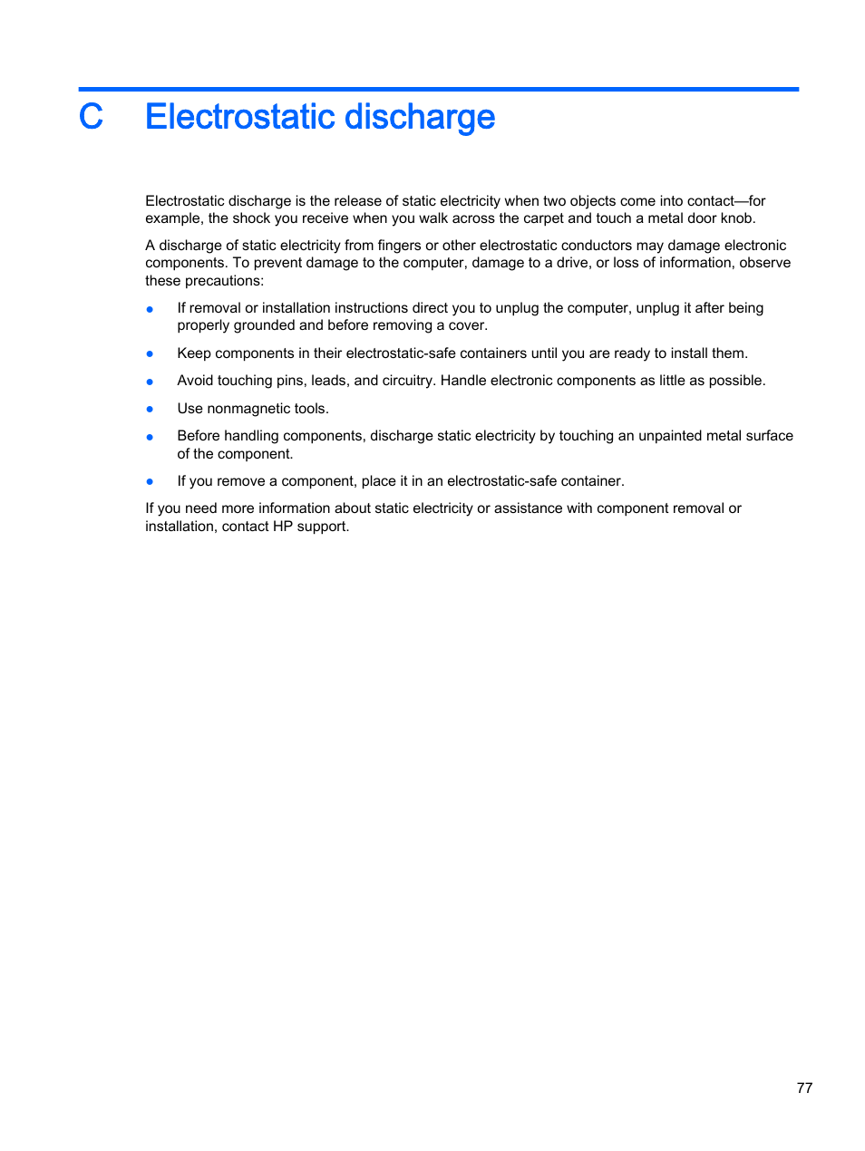 Electrostatic discharge, Appendix c electrostatic discharge, C electrostatic discharge | HP 350 G1 Notebook PC User Manual | Page 87 / 90