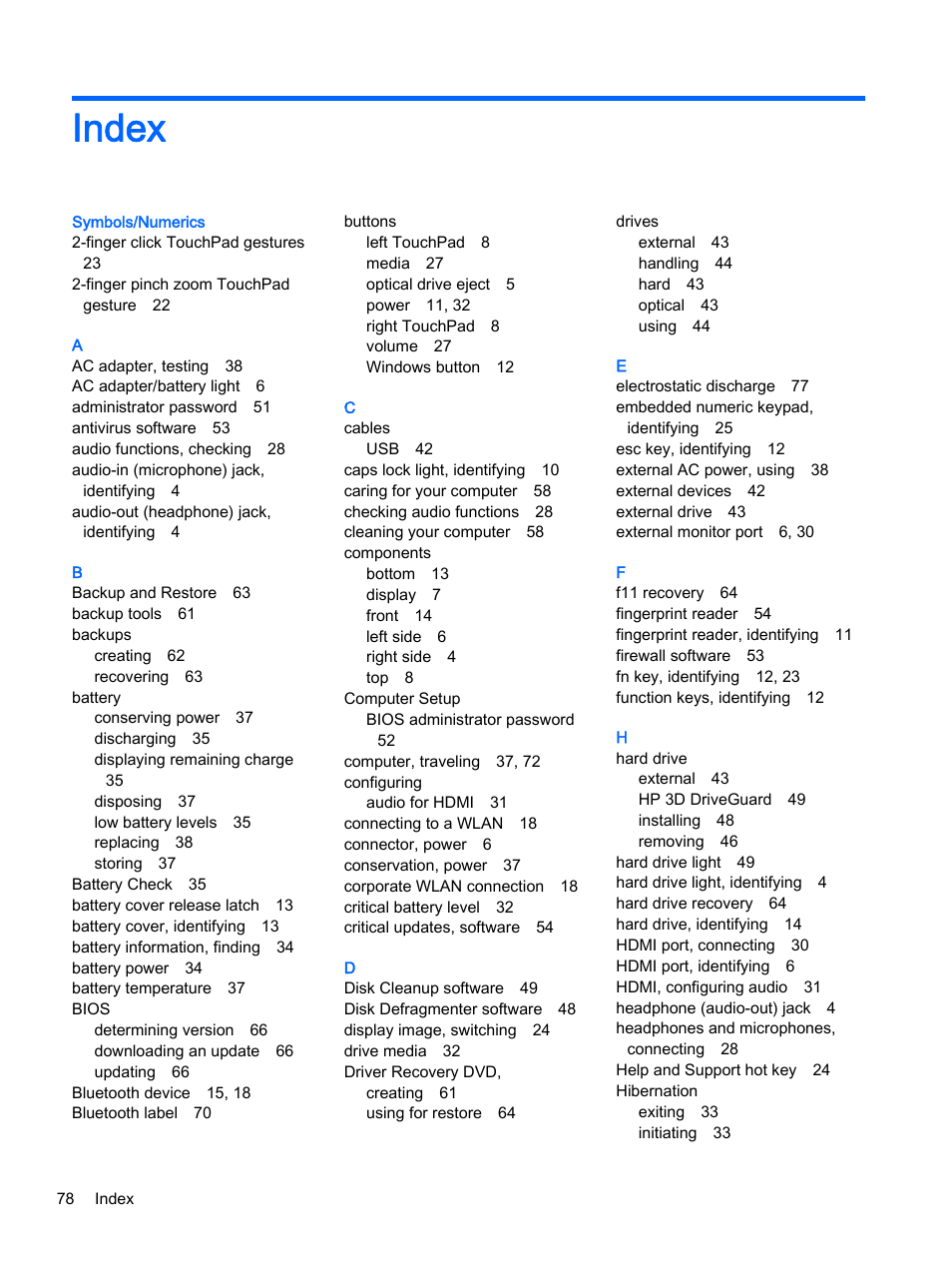 Index | HP 350 G1 Notebook PC User Manual | Page 88 / 90