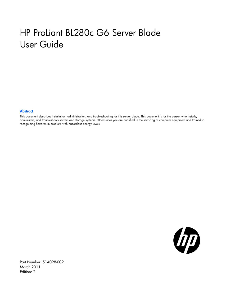 HP ProLiant BL280c G6 Server-Blade User Manual | 108 pages