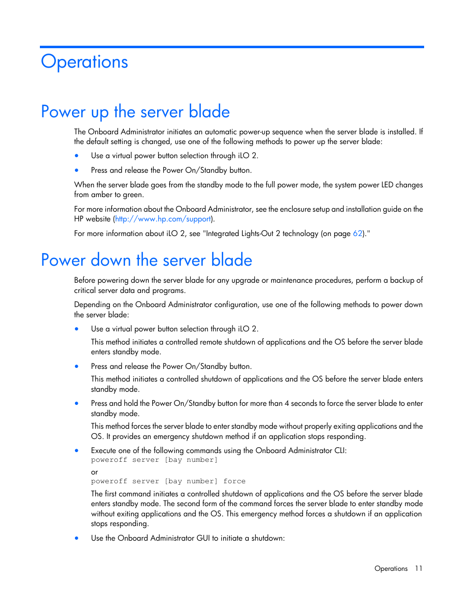Operations, Power up the server blade, Power down the server blade | HP ProLiant BL280c G6 Server-Blade User Manual | Page 11 / 108