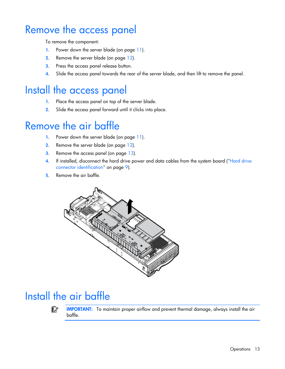 Remove the access panel, Install the access panel, Remove the air baffle | Install the air baffle | HP ProLiant BL280c G6 Server-Blade User Manual | Page 13 / 108