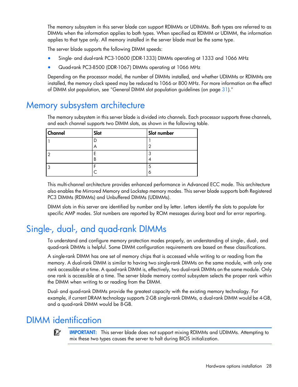 Memory subsystem architecture, Single-, dual-, and quad-rank dimms, Dimm identification | HP ProLiant BL280c G6 Server-Blade User Manual | Page 28 / 108