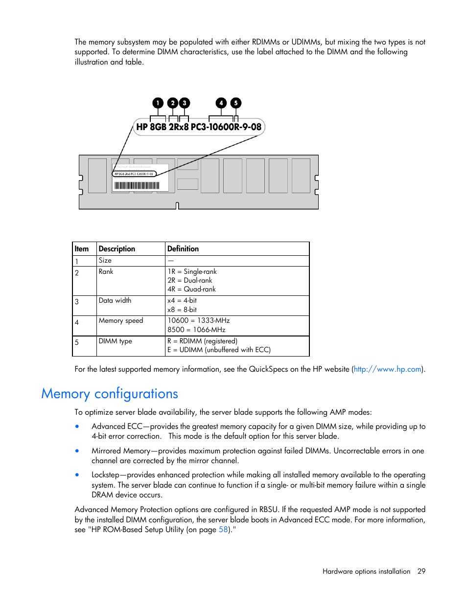 Memory configurations | HP ProLiant BL280c G6 Server-Blade User Manual | Page 29 / 108