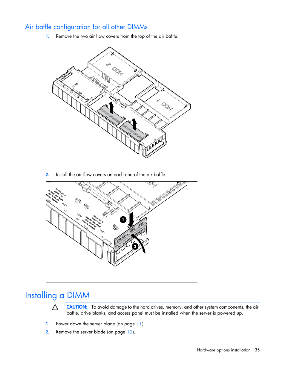 Air baffle configuration for all other dimms, Installing a dimm | HP ProLiant BL280c G6 Server-Blade User Manual | Page 35 / 108