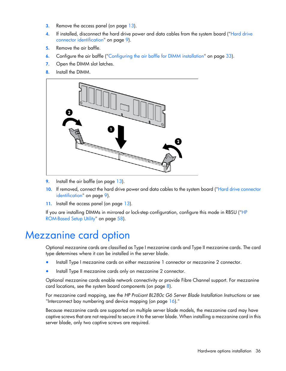Mezzanine card option | HP ProLiant BL280c G6 Server-Blade User Manual | Page 36 / 108