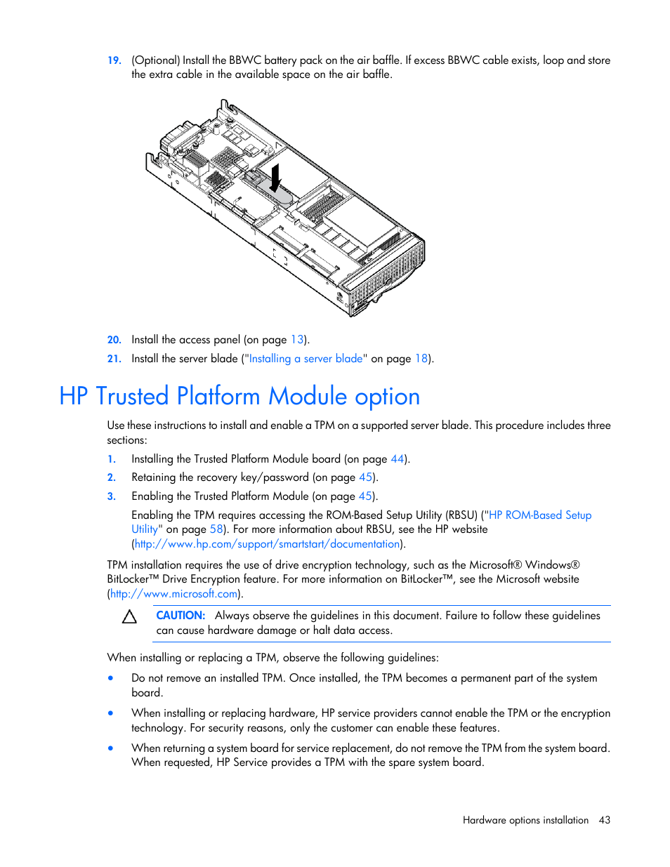 Hp trusted platform module option | HP ProLiant BL280c G6 Server-Blade User Manual | Page 43 / 108