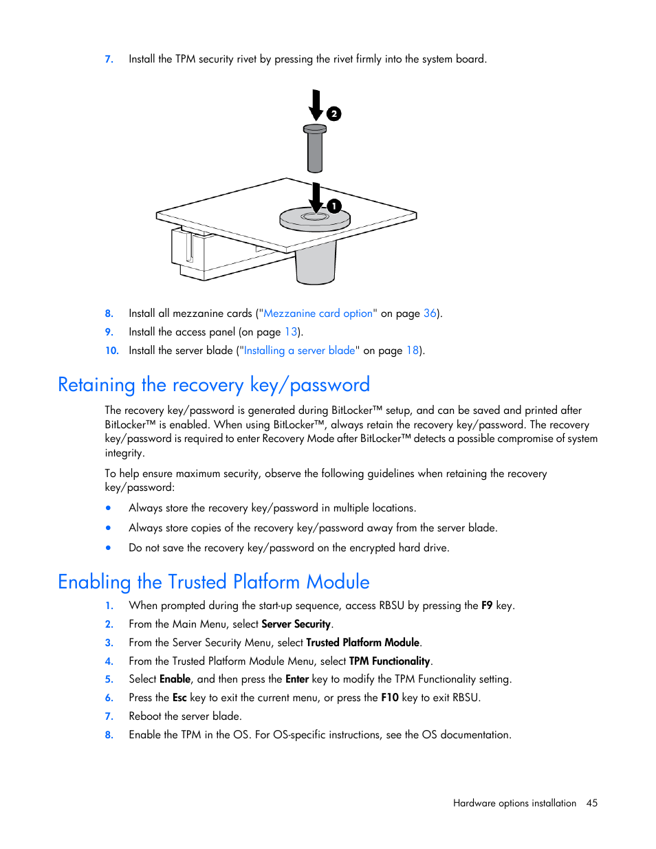 Retaining the recovery key/password, Enabling the trusted platform module | HP ProLiant BL280c G6 Server-Blade User Manual | Page 45 / 108