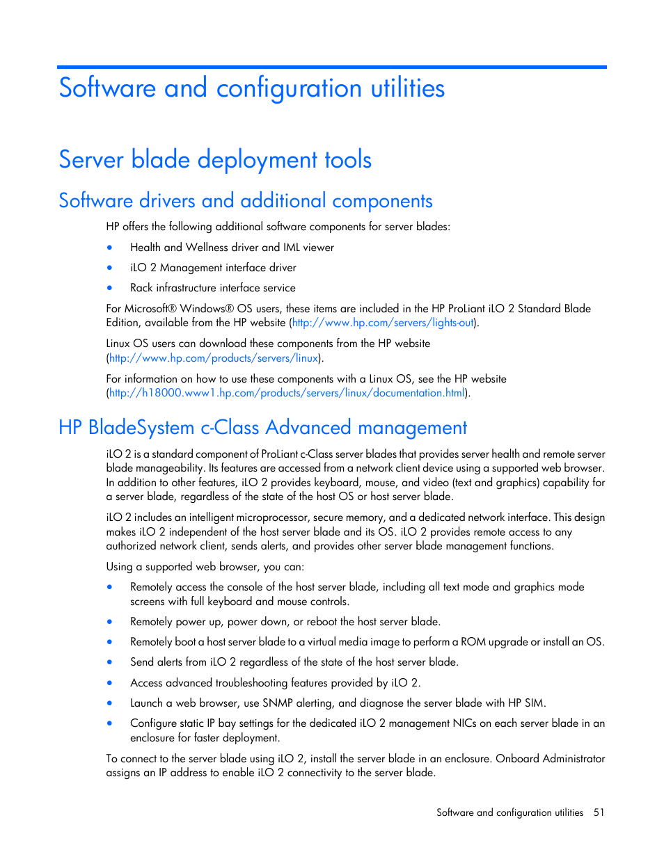 Software and configuration utilities, Server blade deployment tools, Software drivers and additional components | Hp bladesystem c-class advanced management | HP ProLiant BL280c G6 Server-Blade User Manual | Page 51 / 108