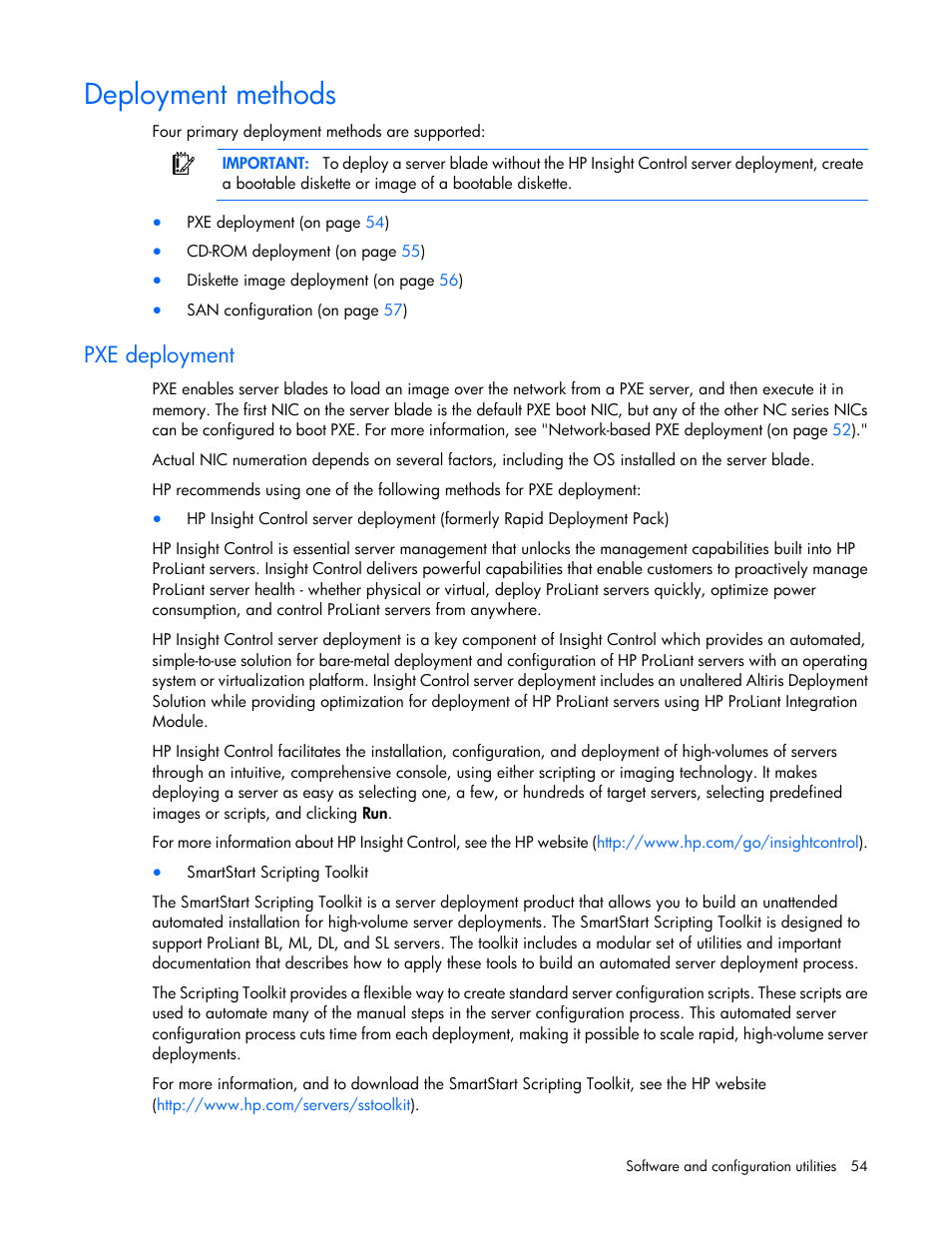 Deployment methods, Pxe deployment | HP ProLiant BL280c G6 Server-Blade User Manual | Page 54 / 108