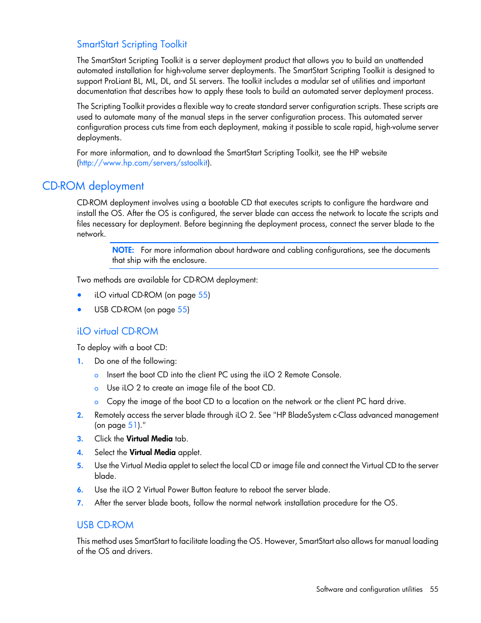 Smartstart scripting toolkit, Cd-rom deployment, Ilo virtual cd-rom | Usb cd-rom | HP ProLiant BL280c G6 Server-Blade User Manual | Page 55 / 108