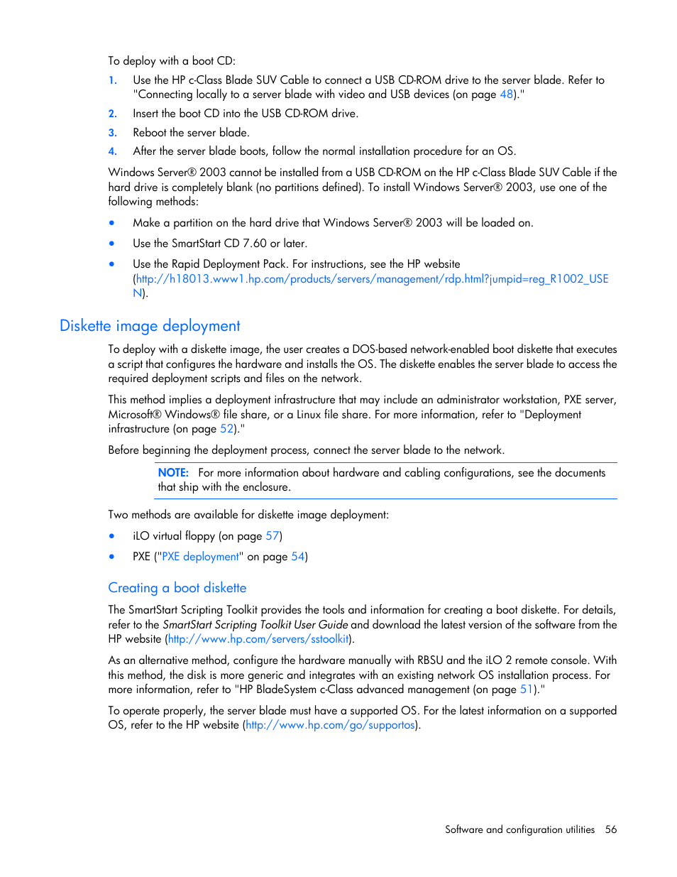 Diskette image deployment, Creating a boot diskette | HP ProLiant BL280c G6 Server-Blade User Manual | Page 56 / 108