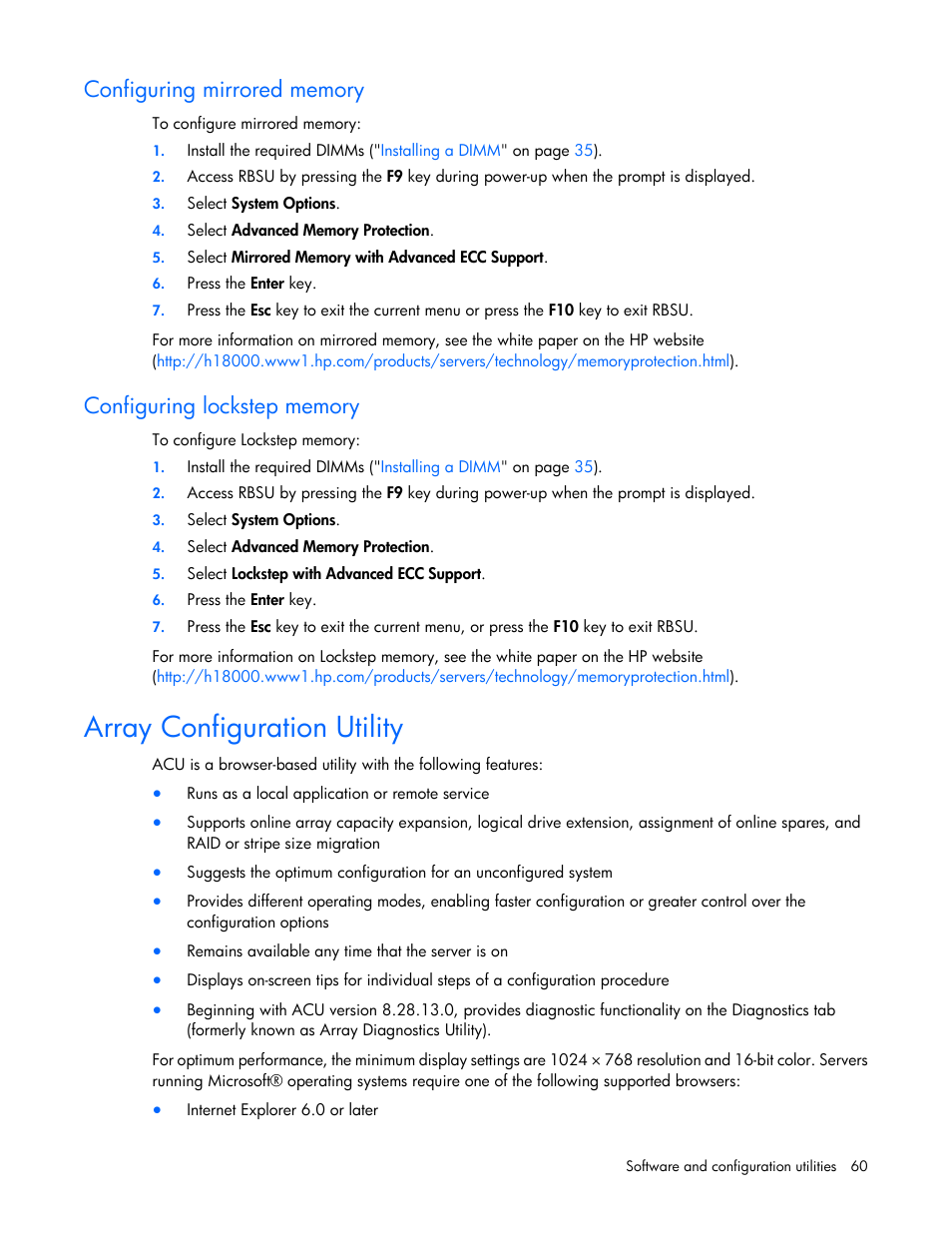 Configuring mirrored memory, Configuring lockstep memory, Array configuration utility | Configuring, Mirrored memory, Lockstep memory | HP ProLiant BL280c G6 Server-Blade User Manual | Page 60 / 108