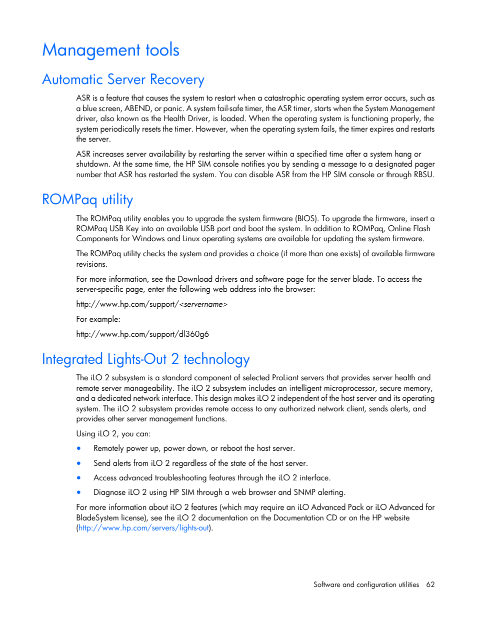 Management tools, Automatic server recovery, Rompaq utility | Integrated lights-out 2 technology | HP ProLiant BL280c G6 Server-Blade User Manual | Page 62 / 108