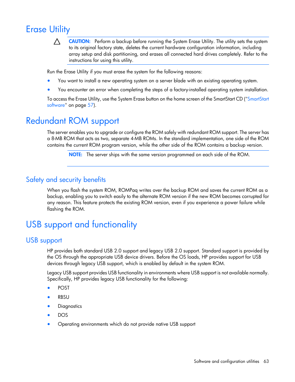 Erase utility, Redundant rom support, Safety and security benefits | Usb support and functionality, Usb support | HP ProLiant BL280c G6 Server-Blade User Manual | Page 63 / 108