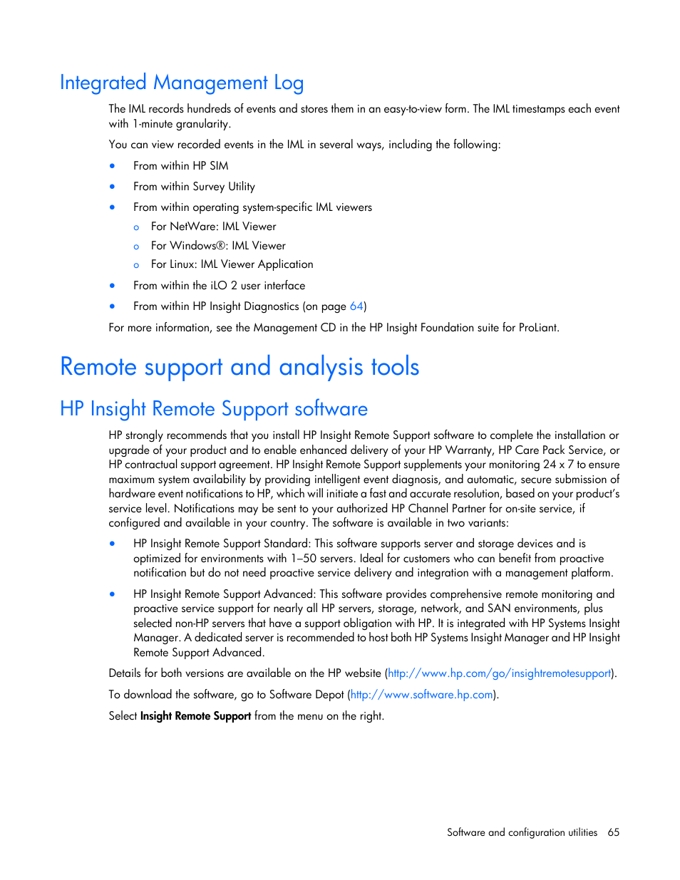 Integrated management log, Remote support and analysis tools, Hp insight remote support software | HP ProLiant BL280c G6 Server-Blade User Manual | Page 65 / 108