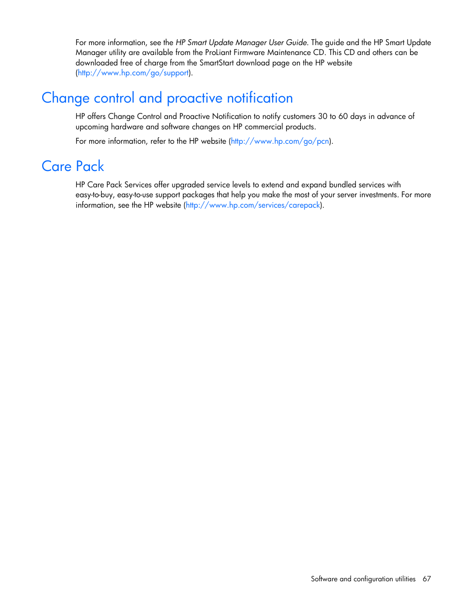 Change control and proactive notification, Care pack | HP ProLiant BL280c G6 Server-Blade User Manual | Page 67 / 108