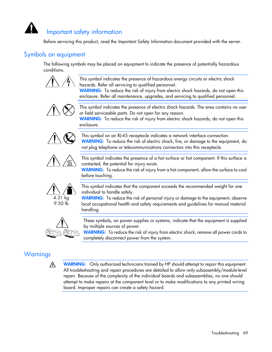 Symbols on equipment, Warnings, Important safety information | HP ProLiant BL280c G6 Server-Blade User Manual | Page 69 / 108