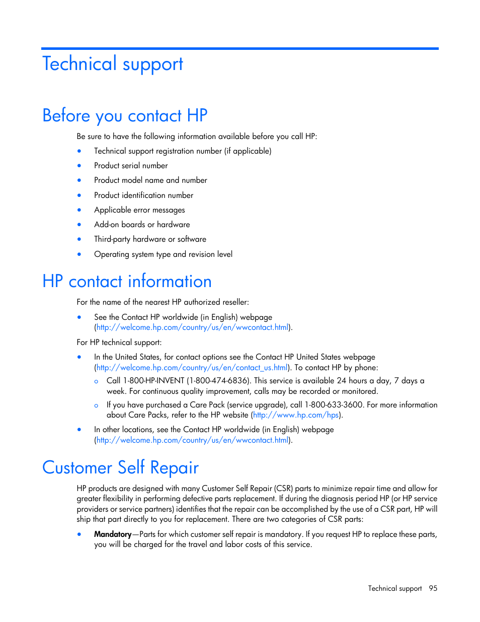 Technical support, Before you contact hp, Hp contact information | Customer self repair | HP ProLiant BL280c G6 Server-Blade User Manual | Page 95 / 108