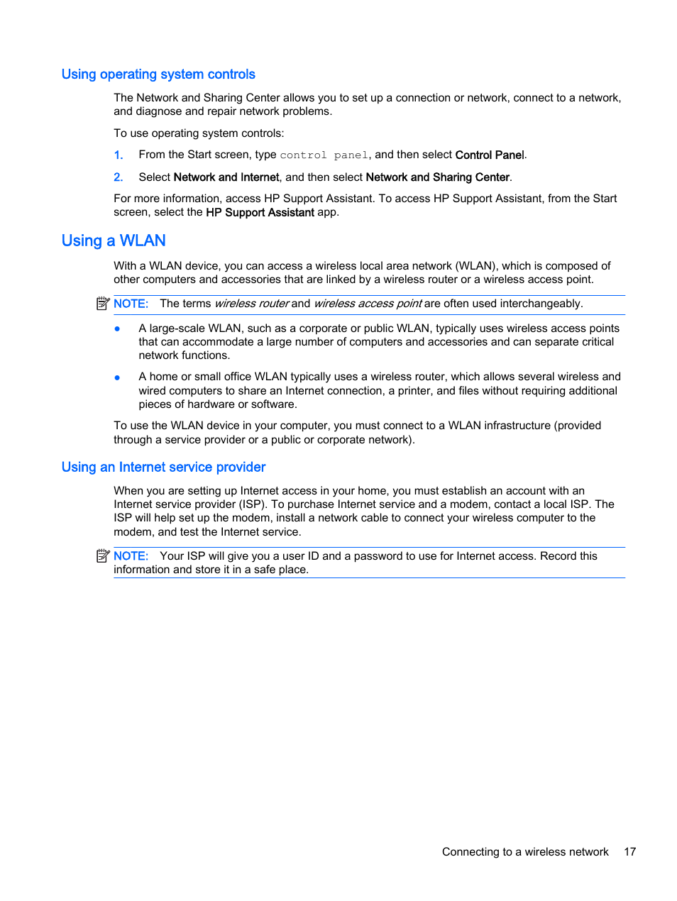 Using operating system controls, Using a wlan, Using an internet service provider | HP ProBook 430 G2 Notebook PC User Manual | Page 27 / 98