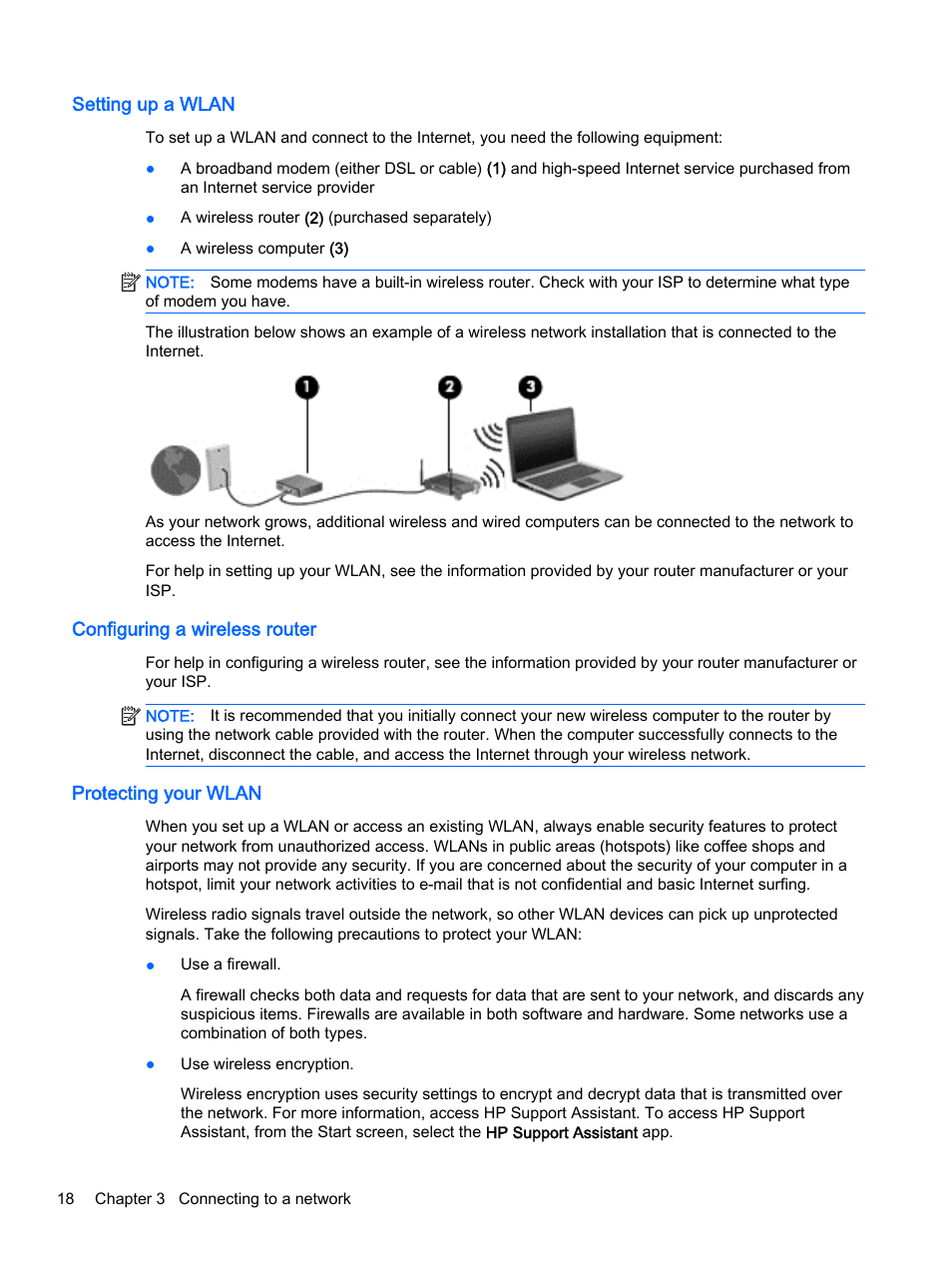 Setting up a wlan, Configuring a wireless router, Protecting your wlan | HP ProBook 430 G2 Notebook PC User Manual | Page 28 / 98