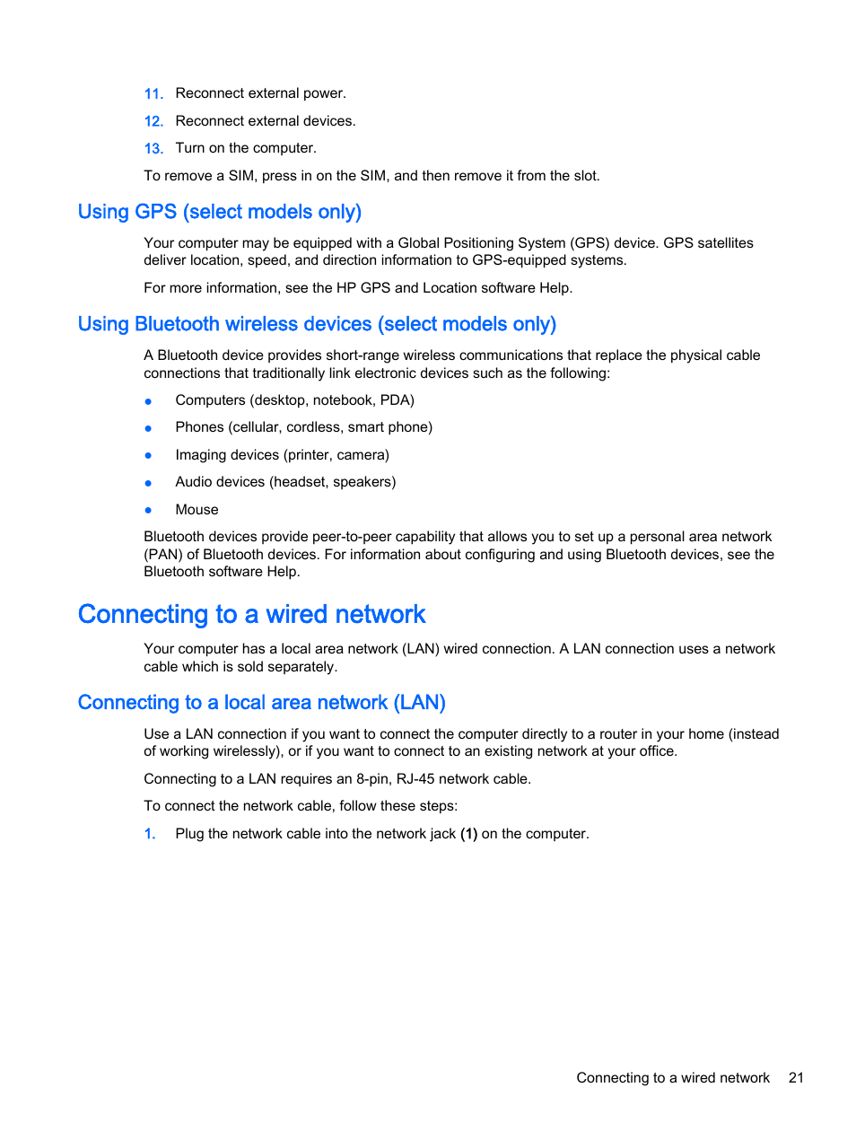 Using gps (select models only), Connecting to a wired network, Connecting to a local area network (lan) | HP ProBook 430 G2 Notebook PC User Manual | Page 31 / 98
