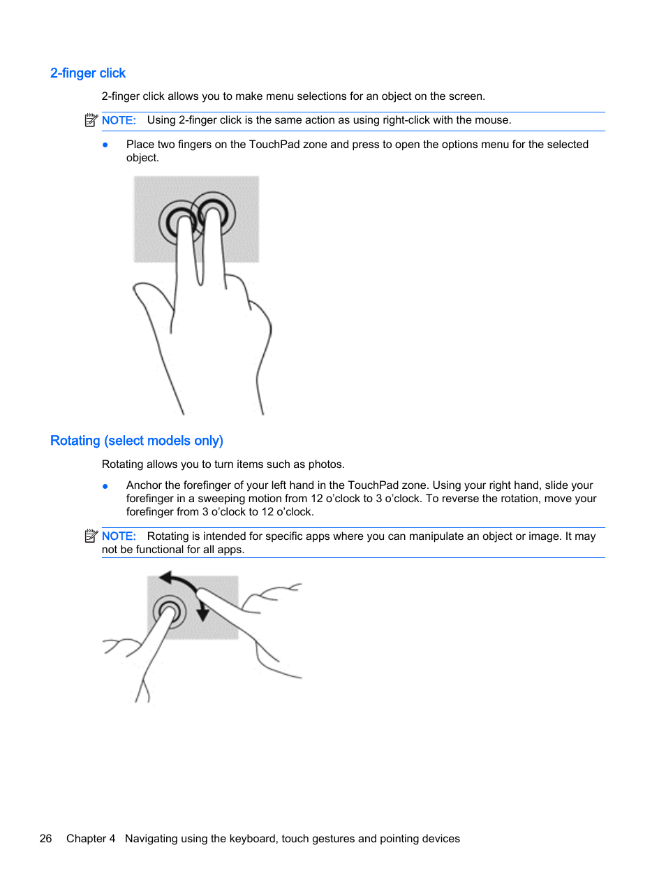 Finger click, Rotating (select models only), Finger click rotating (select models only) | HP ProBook 430 G2 Notebook PC User Manual | Page 36 / 98