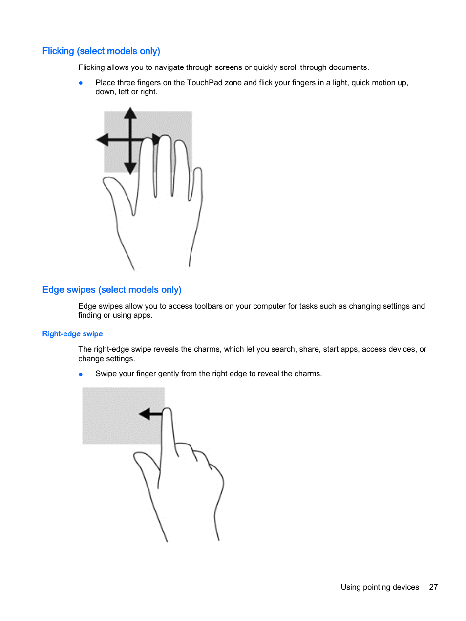 Flicking (select models only), Edge swipes (select models only), Right-edge swipe | Edge swipes (select | HP ProBook 430 G2 Notebook PC User Manual | Page 37 / 98