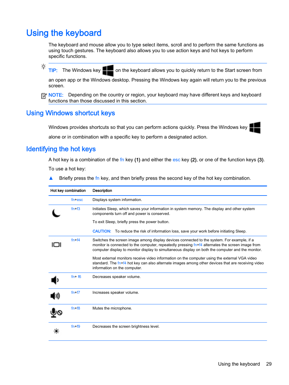 Using the keyboard, Using windows shortcut keys, Identifying the hot keys | HP ProBook 430 G2 Notebook PC User Manual | Page 39 / 98