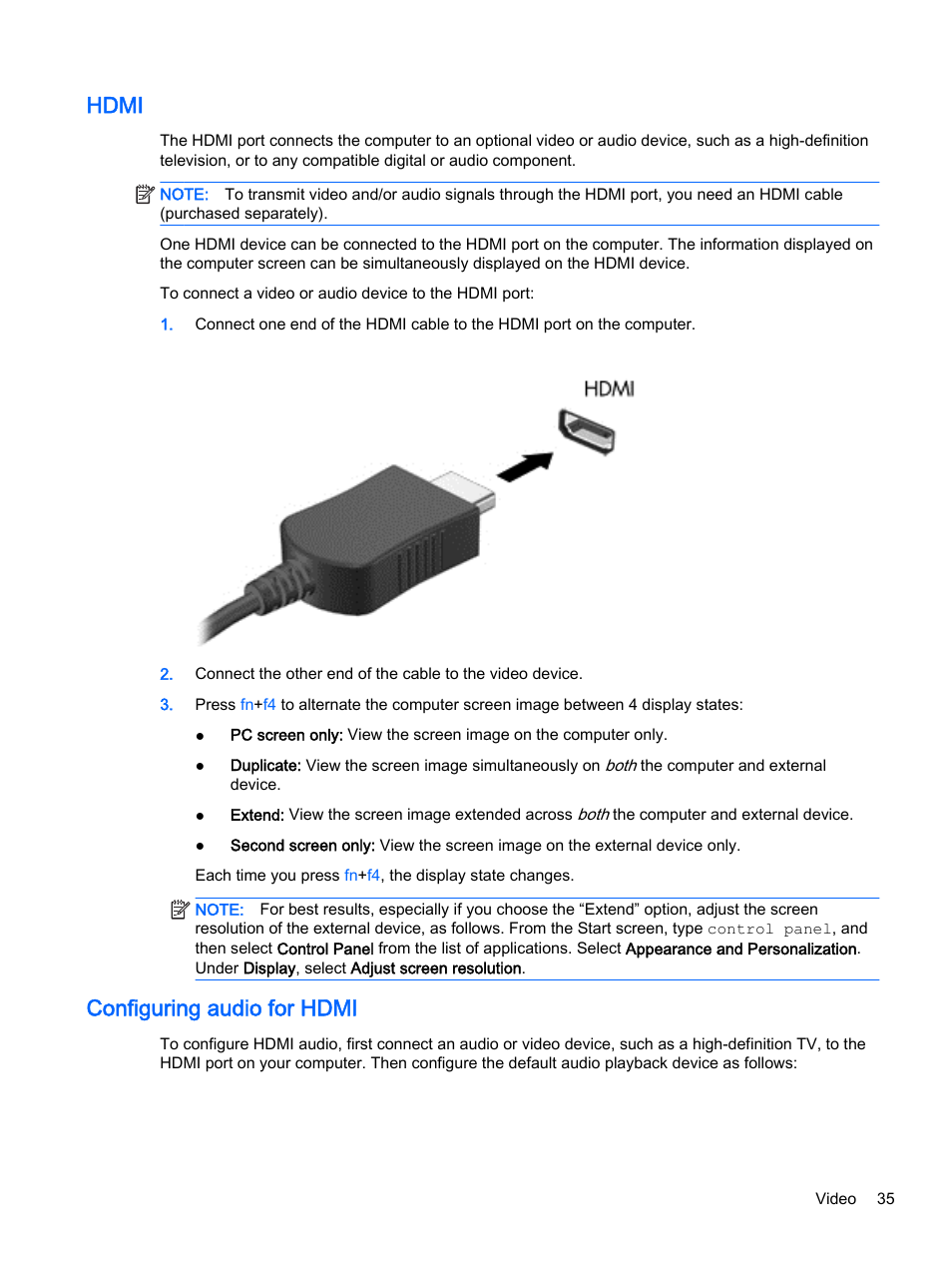 Hdmi, Configuring audio for hdmi, Hdmi configuring audio for hdmi | HP ProBook 430 G2 Notebook PC User Manual | Page 45 / 98