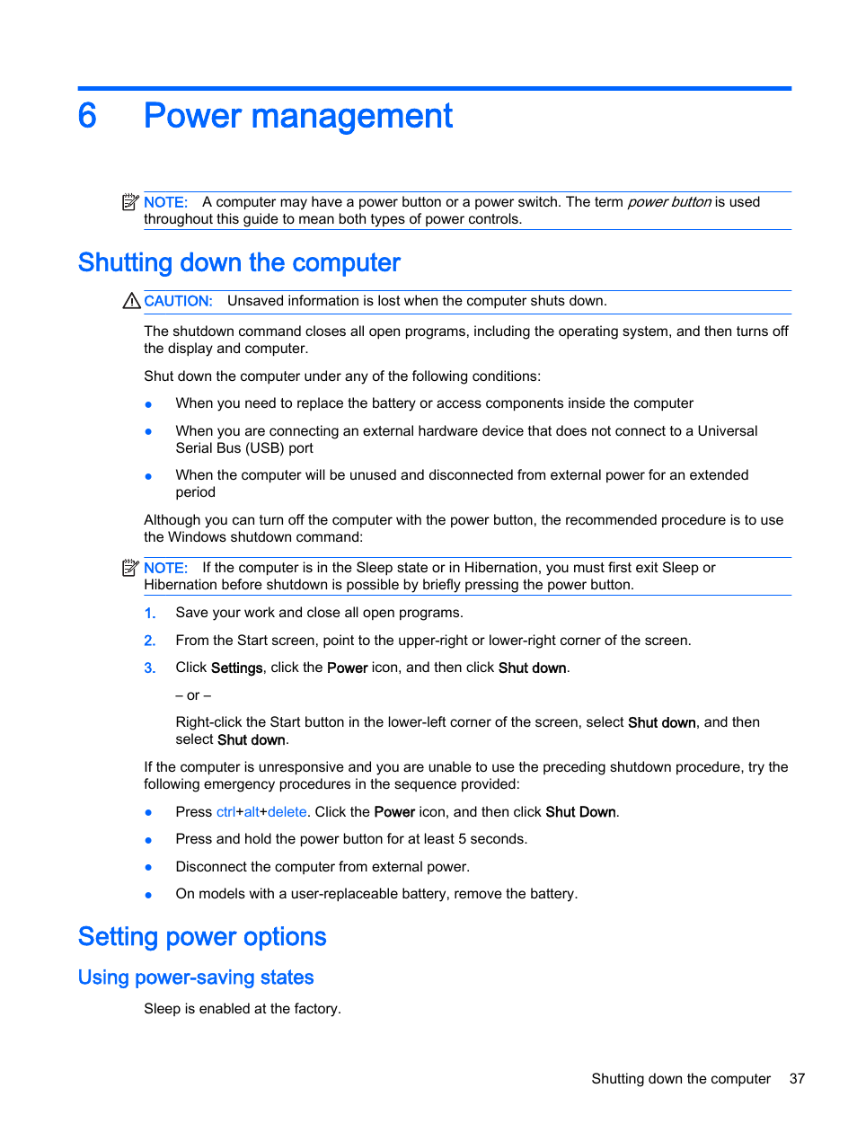 Power management, Shutting down the computer, Setting power options | Using power-saving states, 6 power management, Shutting down the computer setting power options, 6power management | HP ProBook 430 G2 Notebook PC User Manual | Page 47 / 98