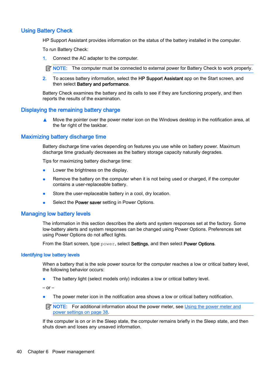 Using battery check, Displaying the remaining battery charge, Maximizing battery discharge time | Managing low battery levels, Identifying low battery levels | HP ProBook 430 G2 Notebook PC User Manual | Page 50 / 98