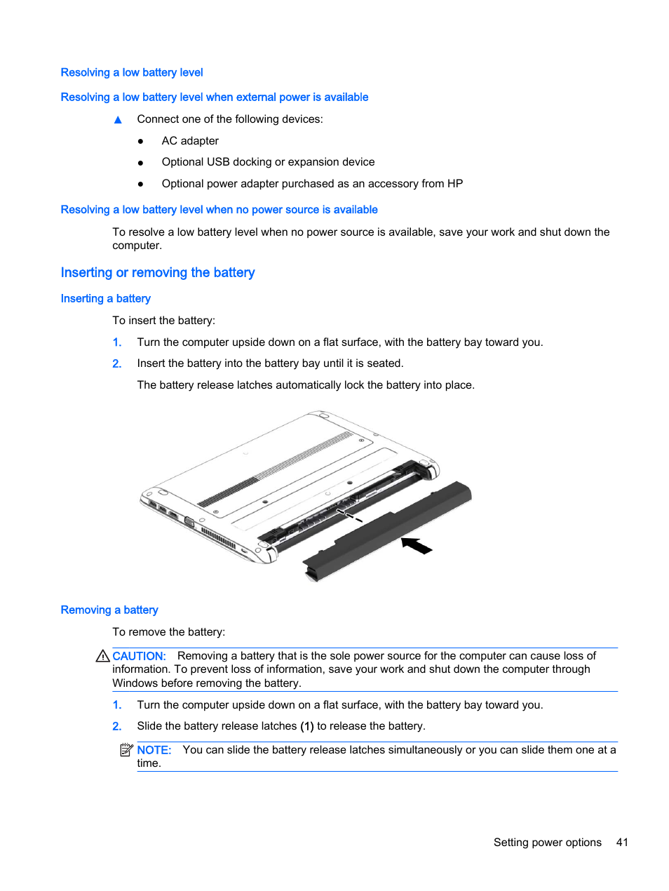 Resolving a low battery level, Inserting or removing the battery, Inserting a battery | Removing a battery, Inserting a battery removing a battery | HP ProBook 430 G2 Notebook PC User Manual | Page 51 / 98