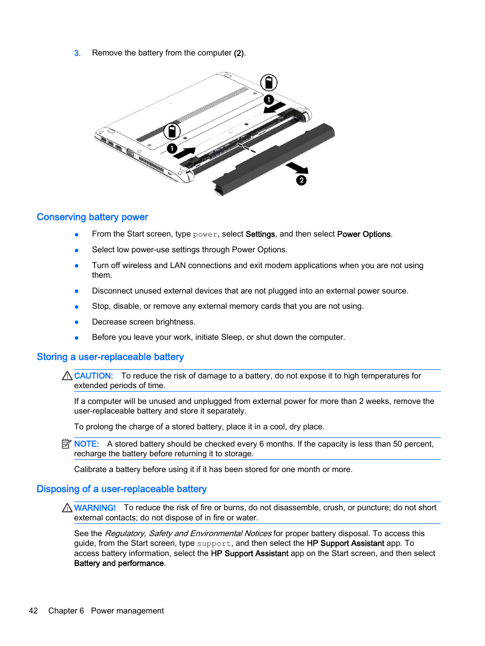 Conserving battery power, Storing a user-replaceable battery, Disposing of a user-replaceable battery | HP ProBook 430 G2 Notebook PC User Manual | Page 52 / 98