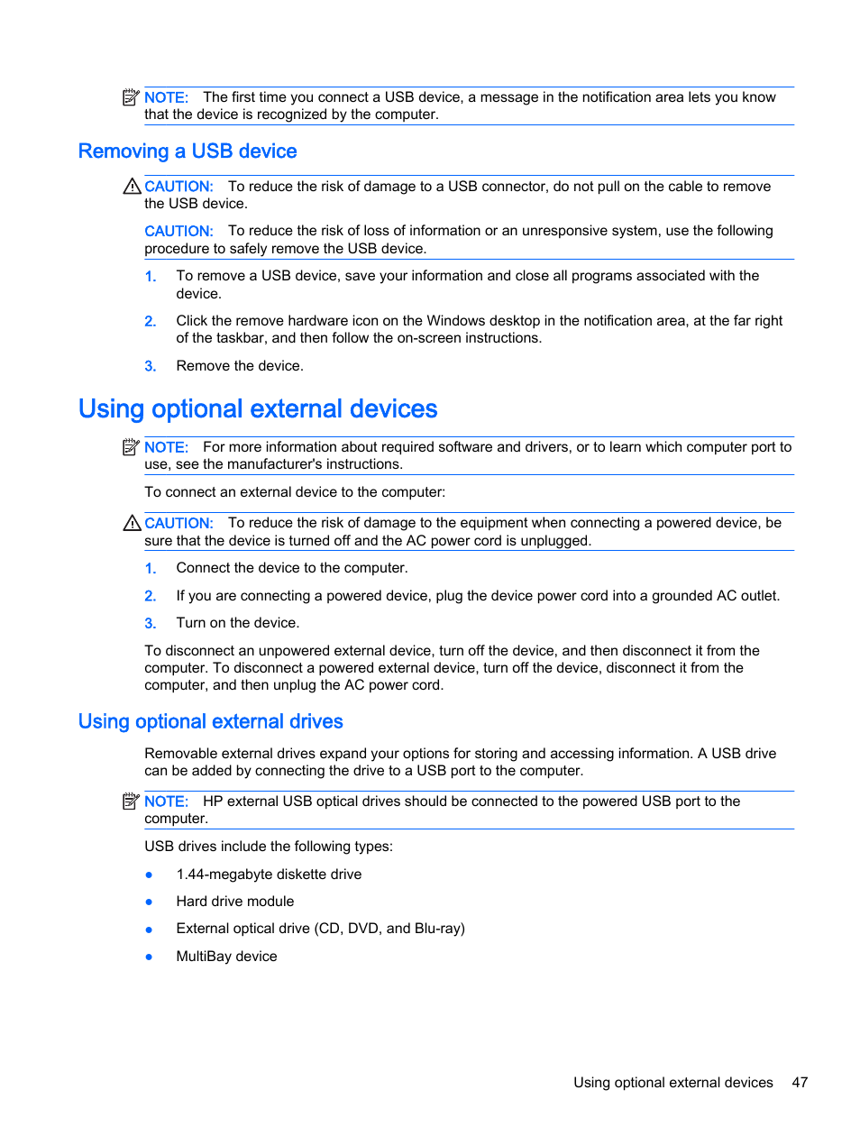 Removing a usb device, Using optional external devices, Using optional external drives | HP ProBook 430 G2 Notebook PC User Manual | Page 57 / 98