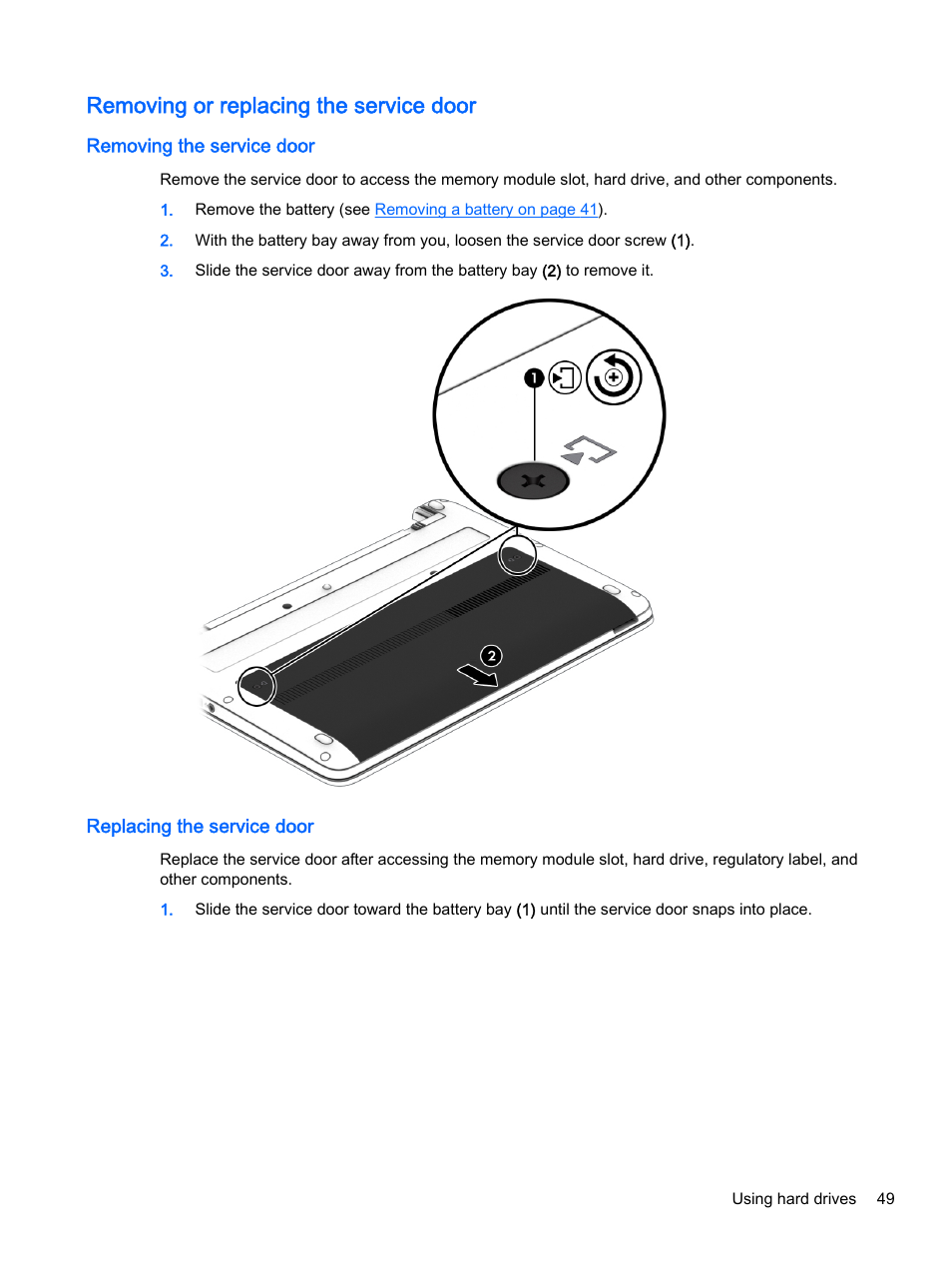 Removing or replacing the service door, Removing the service door, Replacing the service door | HP ProBook 430 G2 Notebook PC User Manual | Page 59 / 98